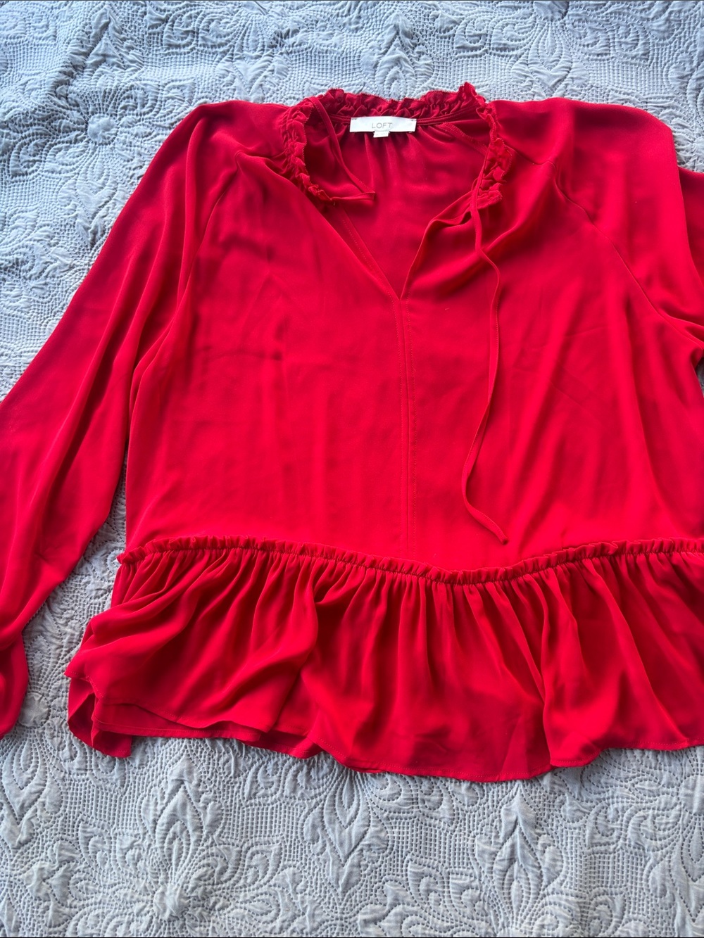 LOFT Bright Red Tie-Neck Ruffle Hem Blouse